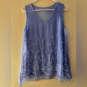 Soft Surroundings Blue Embroidered Sleeveless Top